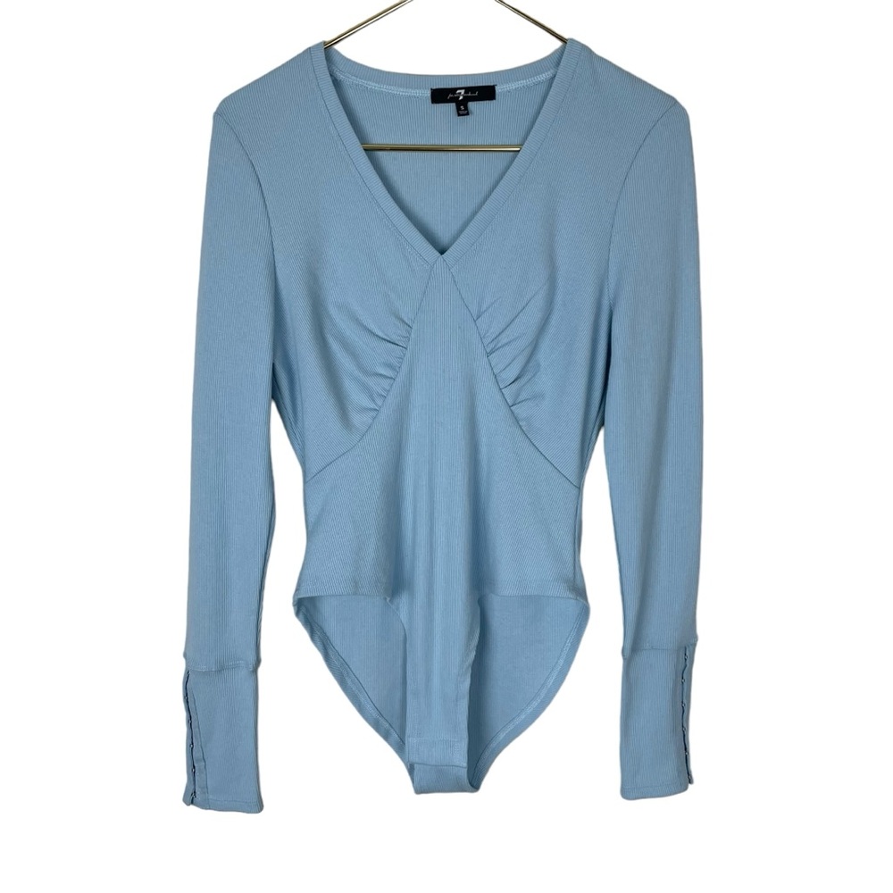 7 For All Mankind Baby Blue Ribbed V neck Fitted Bodysuit